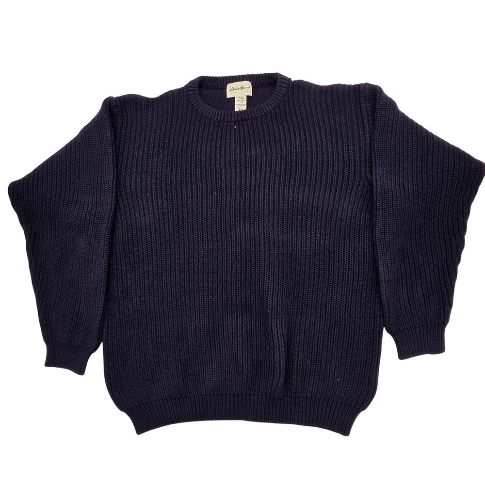 Vintage 90s Eddie Bauer Sweater Mens L Navy Cotton Ribbed Knit Crewneck Dadcore*